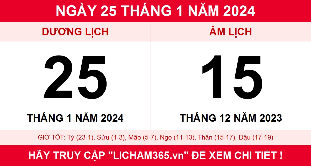 Lịch âm ngày 25 tháng 1 năm 2024, xem lịch âm hôm nay 25/1/2024