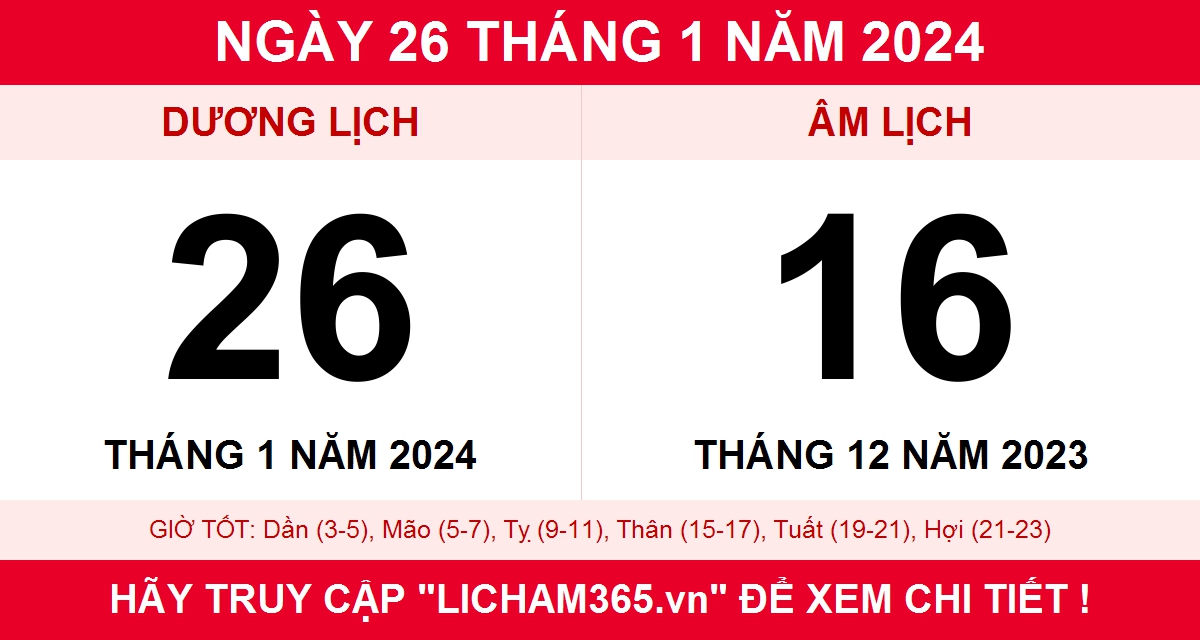 Lịch âm ngày 26 tháng 1 năm 2024, xem lịch âm hôm nay 26/1/2024