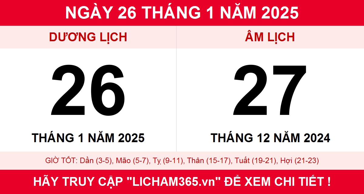 Lịch âm ngày 26 tháng 1 năm 2025, xem lịch âm hôm nay 26/1/2025
